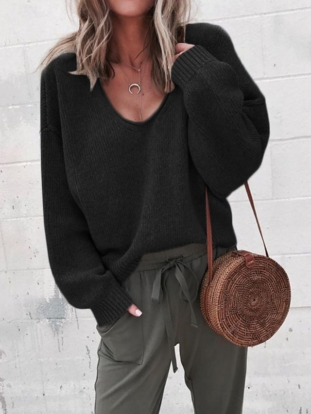  Dames Trui Casual Zacht Heldere kleur Geribd V-hals Gebreid Lange mouw Normale tops breien Buiten Dagelijks Weekend Zwart Khaki Herfst Winter