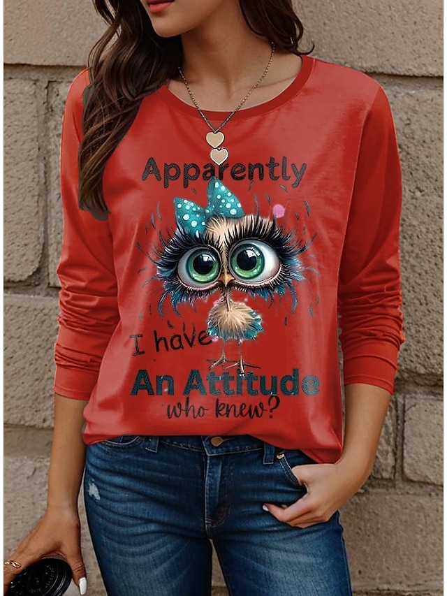  Camiseta de mujer de manga larga con cuello redondo túnica de manga larga gráfica de letra de animal moderna casual tops regulares estampado de fin de semana negro blanco amarillo rojo azul cielo