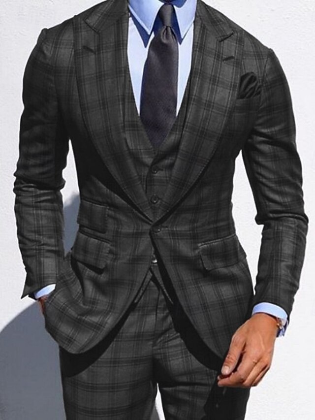 Men's Wedding Suits Peak Dark Gray Checkered Tailored Fit 3 Piece Single Breasted One-button4
