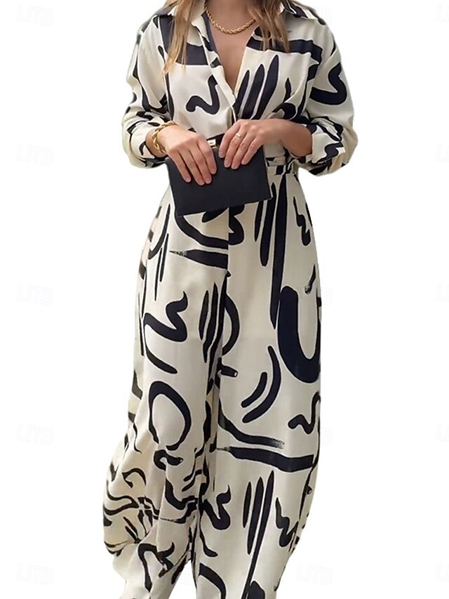  Dam Vanligt Jumpsuits Stylish Geometrisk Långärmad Tröjkrage Bältade Semester Fest Lös passning Vit Vår