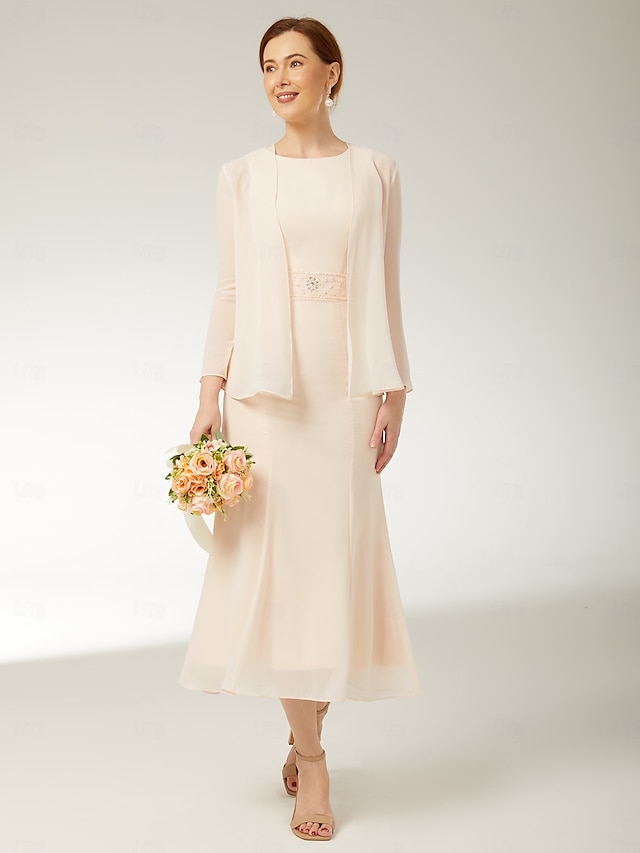  zweiteiliges Etui-/Säulenkleid für die Mutter der Braut, elegantes Übergrößen-Ringhalskleid in Wadenlänge, ärmelloses Chiffon-Wickelkleid mit Schärpe/Band, Falten, Perlenbesatz, 2025
