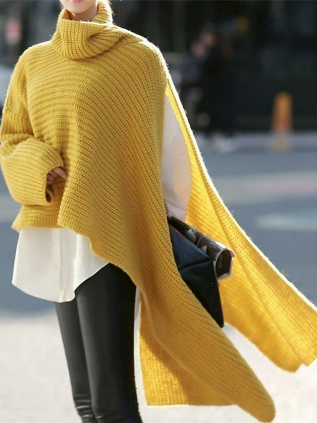  Femme Pull Chandail Décontractées Flexible Couleur monochrome A côtes Col Roulé Fendu Tricoté manche longue Hauts réguliers Tricoter Extérieur du quotidien Fin de semaine Blanche Jaune Automne Hiver
