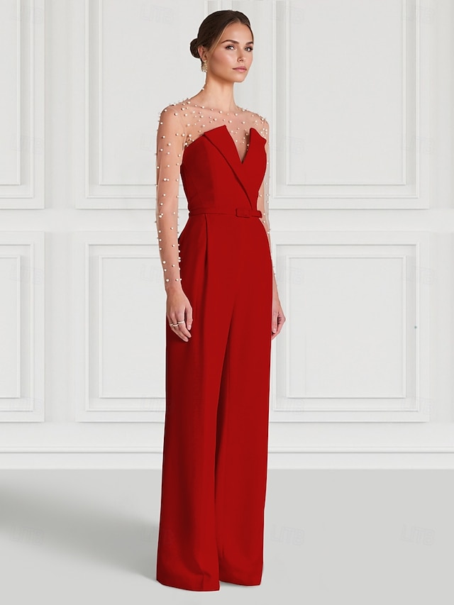  tute abito da sera elegante abito formale matrimonio lunghezza pavimento manica lunga illusione scollo tasca crêpe elasticizzato con perle tasca 2025