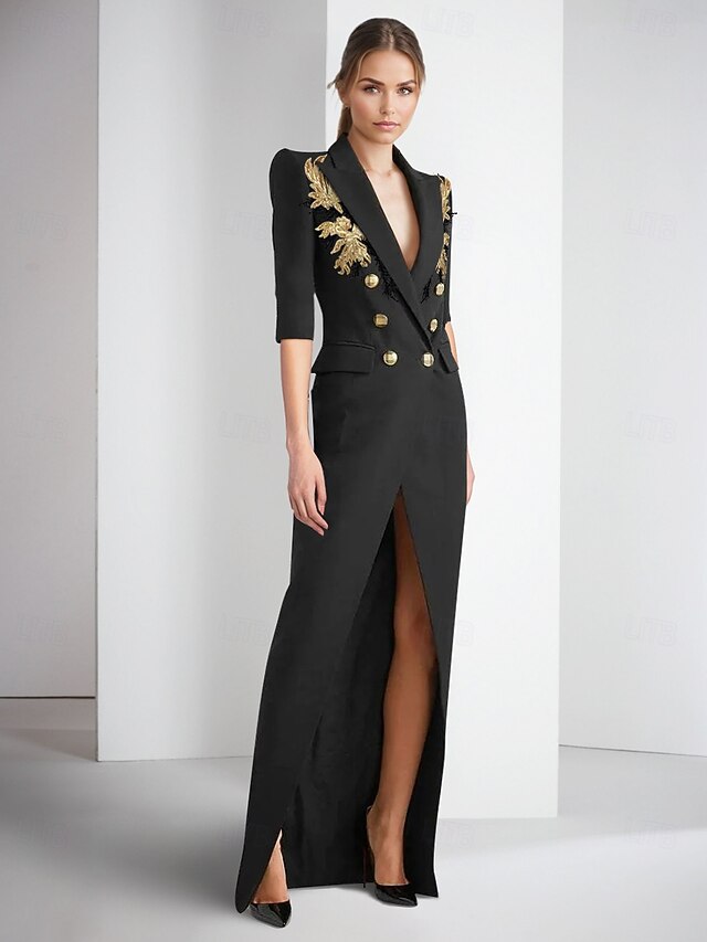 Tuxedo Dress Sheath Formal Wedding Stretch Crepe Elegant Half Sleeve Floor Length Split Thigh Peak Lapel Double Breasted 5