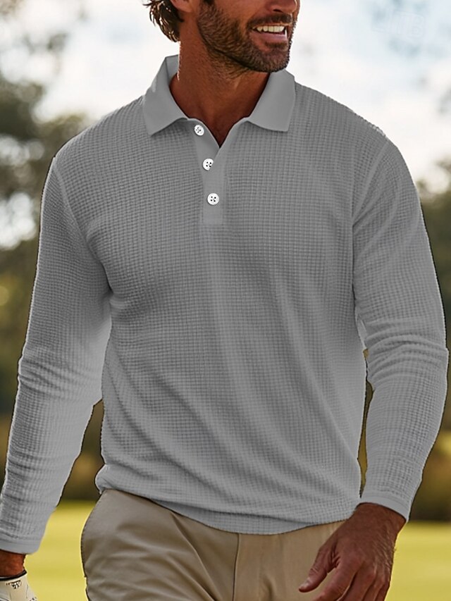  Męskie Koszulki polo waflowe Koszula golfowa Codzienny Święto Klasyczny Długi rękaw Moda Wygodny Jednokolorowe Przycisk z przodu Przycisk w dół Wiosna i jesień Regularny Czarny Biały Szary Koszulki