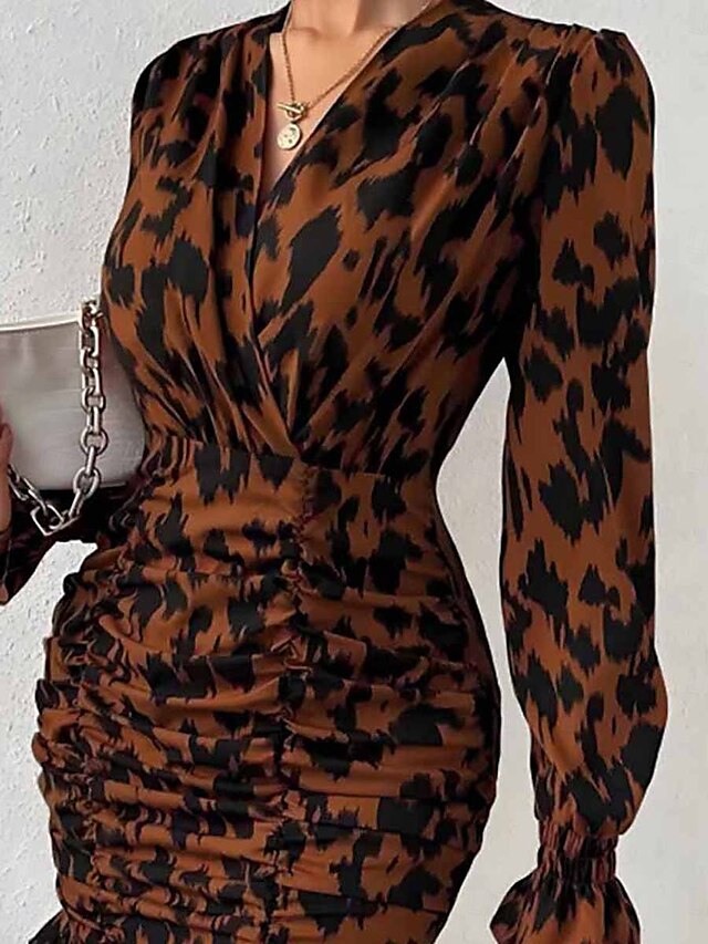  Per donna Mini abito Abito casual Aderente Moda Informale Da mare Giornaliero Standard Floreale Manica lunga A V Marrone Primavera Autunno