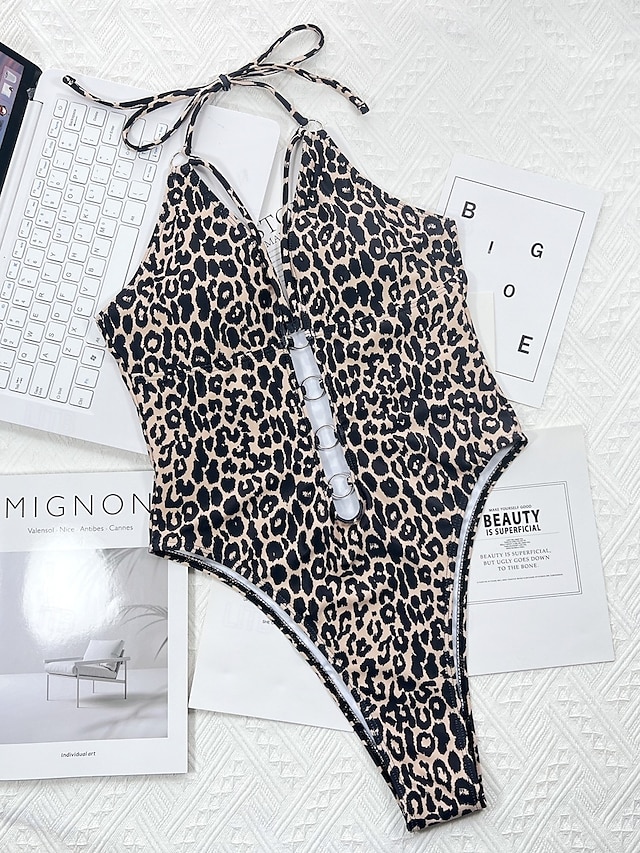  Dam Badkläder En bit Monokini Baddräkt Öppen rygg Magkontroll Hög midja Smal Semester Standkläder Leopard Halterneck Ärmlös Baddräkter