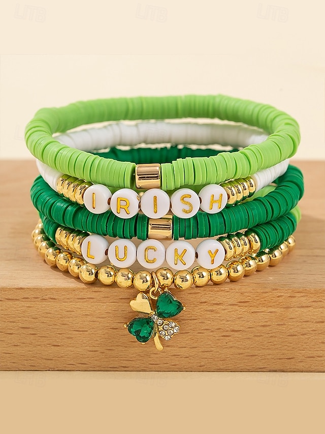  st. patrick's day lucky charm armbånd – irsk grønn beaded stretch armbåndsett for kvinner, festlig ferietilbehør med shamrock og bokstavdetaljer