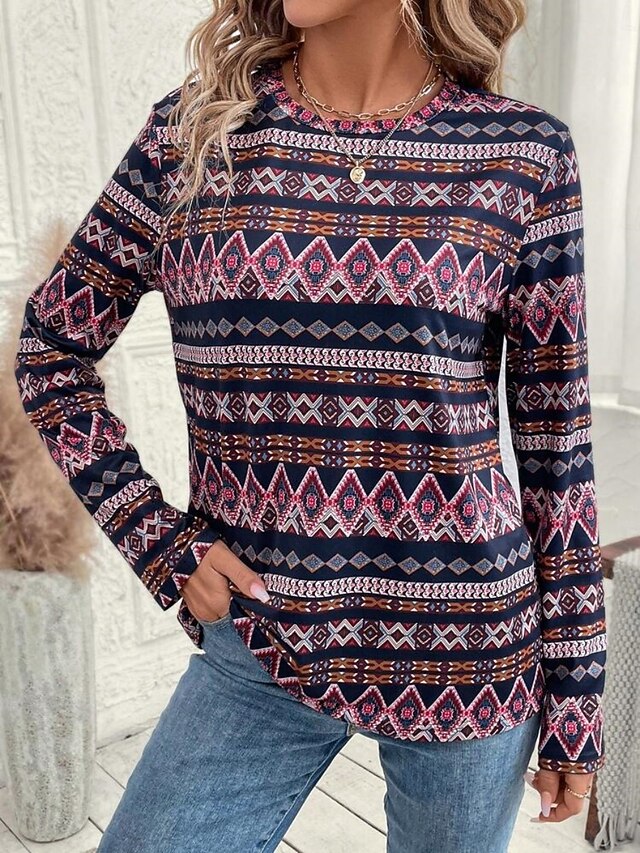 Women's T shirt Long Sleeve Crew Neck Long Sleeve Tunic Geometric Vintage Casual Regular Tops Daily Print Navy Blue Spring Fall Prefall4