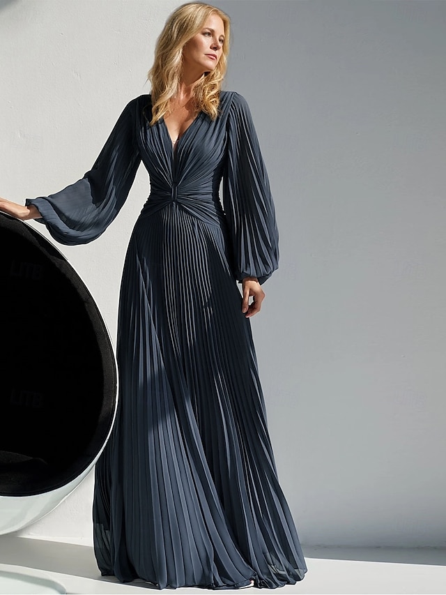  robe trapèze robe mère de la mariée élégante simple col en V longueur au sol en mousseline de soie à manches longues avec couleur unie 2025