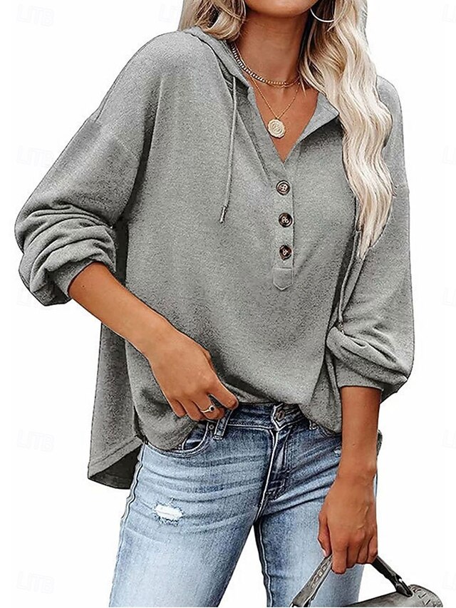 Women's Shirt Blouse Solid Color Basic Casual Long Sleeve Hooded Regular Tops Daily Buttons Sky Blue Khaki Gray Fall Winter4