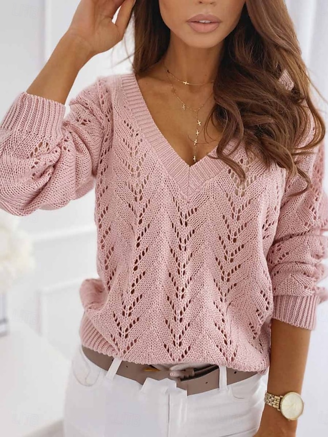  Femme Pull Chandail Décontractées Flexible Couleur monochrome A côtes Col V Ouvert Tricoté manche longue Hauts réguliers Tricoter Extérieur du quotidien Fin de semaine Blanche Rose Claire Automne