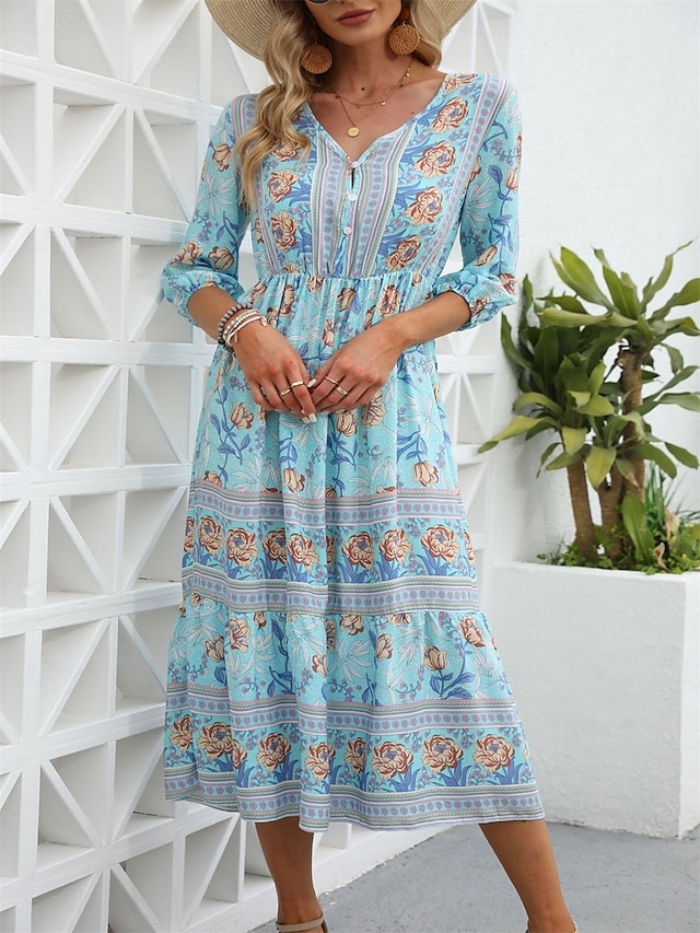  Femme Robe Maxi Robe casual Robes bohème chic Robe Trapèze robe boheme Bohême Le style mignon mode Vacances du quotidien Plage Ample Graphic Manches 3/4 Col V Rose Claire Bleu Abricot Printemps