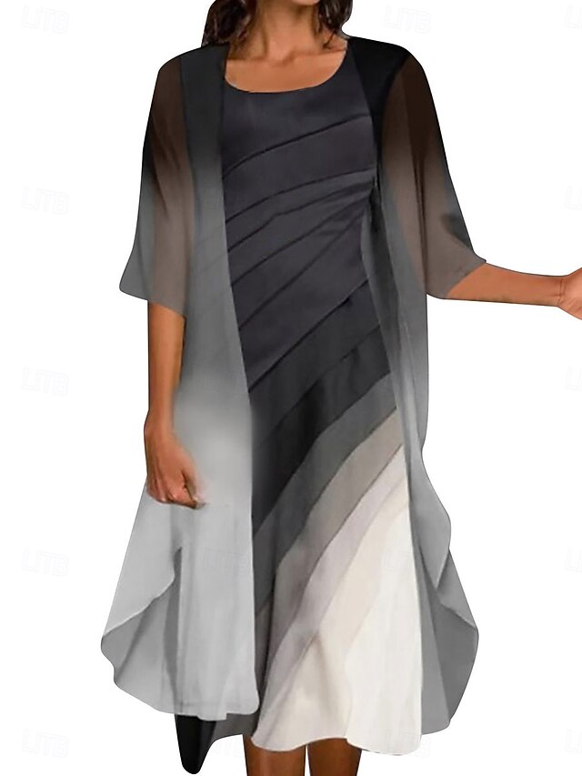 Women's Ombre Crew Neck Long Dress Maxi Dress 3/4 Length Sleeve Spring Fall4