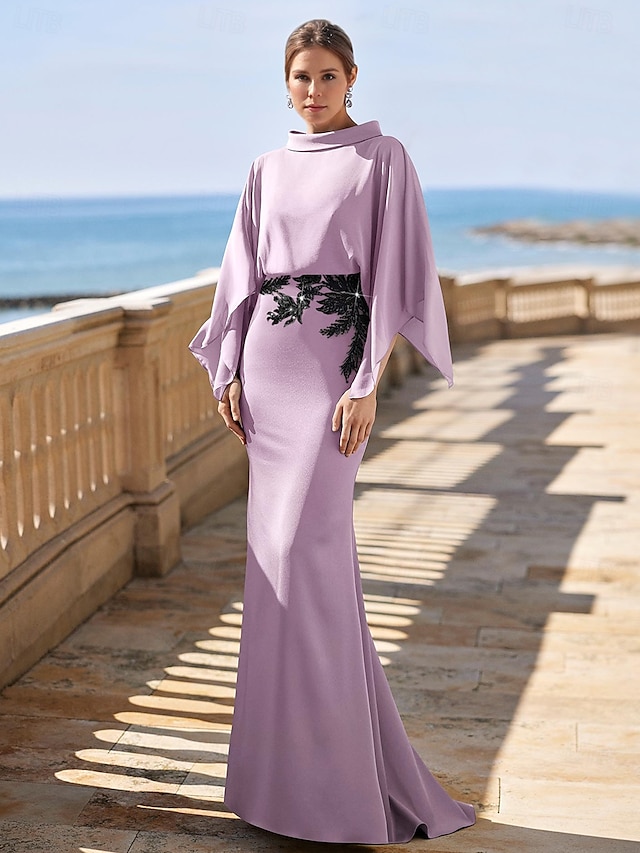  Abito A-Line abito madre della sposa elegante collo alto lunghezza fino alla caviglia chiffon stretch maniche a tre quarti con pizzo colore solido