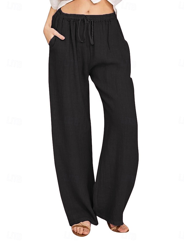 Women's Linen Pants Solid Color Full Length Black Spring & Fall 2024