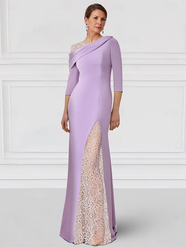  abito a trapezio abito per la madre della sposa elegante scollo gioiello lunghezza pavimento tessuto elasticizzato manica a 3/4 con pizzo tinta unita 2025