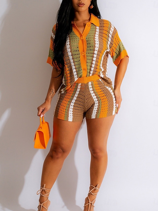  Mujer Vacaciones Moda Camisa Pantalones cortos de sudor Manga Corta Cuello Camisero Graphic Retazos Exterior Rojo Azul Piscina Naranja Verano Ajuste regular