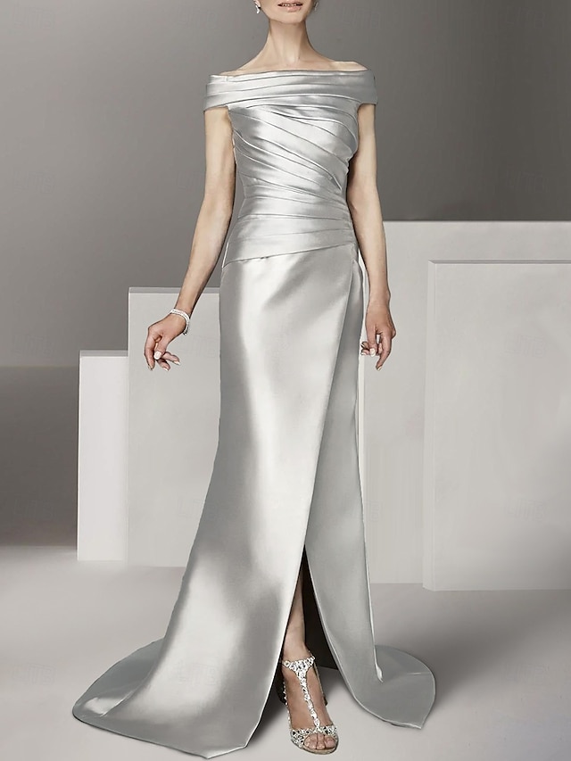  Abito A-Line per la Madre della Sposa Abito Formale Ospite di Matrimonio Elegante Collo a Barchetta Spalla Scoperta Lunghezza Tera Lunghezza Caviglia Satin Italia Mezza Manica con Ruching 2025