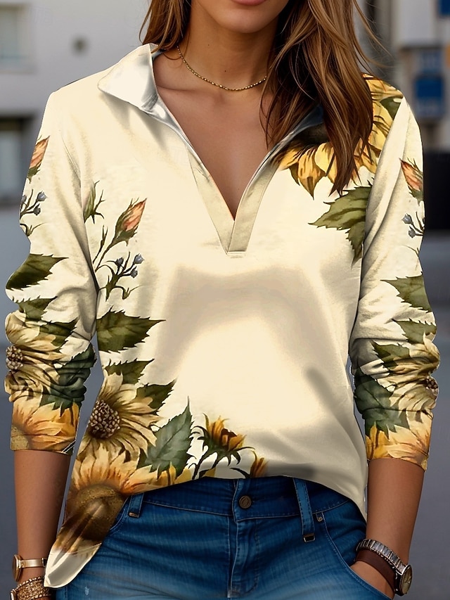  Camiseta feminina moderna floral manga longa decote em V colarinho blusas regulares trabalho estampa preto rosa azul verde bege verão primavera outono