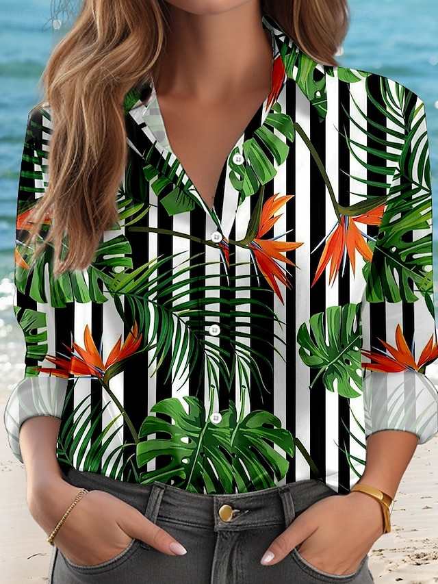  Dame Skjorte Hawaiian Casual Blad Stripet Regular Topper Langermet Skjorte Krage Knapper Print Regular Fit Arbeid Daglig Grønn Sommer Ferie Klær Strandtøy