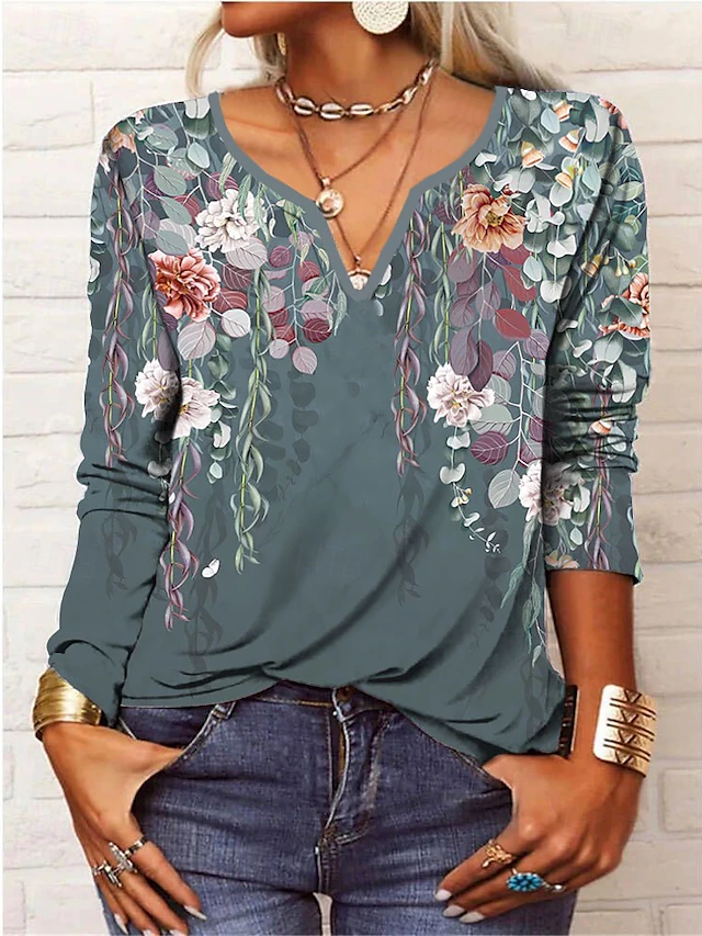 Women's T Shirt Floral Daily Basic Long Sleeve V Neck Regular Tops Holiday Weekend Buttons Print Black Pink Red Purple Green Fall & Winter 9