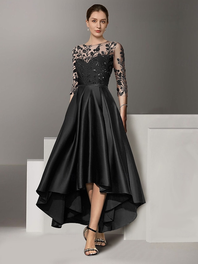  Abito A-Line per la madre della sposa elegante semplice scollo a V lunghezza alla caviglia lunghezza tea in satin maniche a 3/4 con pizzo arricciato e paillettes