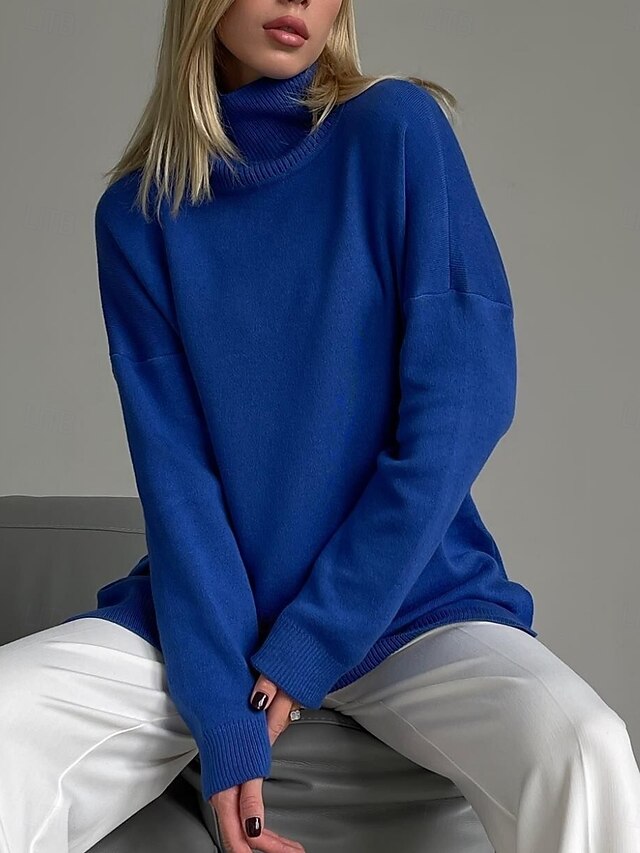 Women's Sweater Casual Soft Pure Color Ribbed Turtleneck Split Knitted Long Sleeve Regular Tops Knit Outdoor Daily Weekend Royal Blue Green Fall Winter4