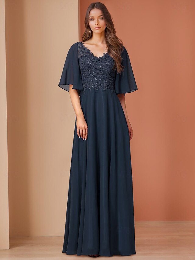  A-Linie Kleid Brautmutterkleid Elegantes Juwelenausschnitt Bodenkurz Chiffon Halblangen Ärmel mit Spitze Einfarbig 2025