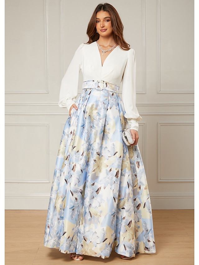  Robe de Soirée A-Line Élégante Robe de Mariage Invité Longueur De Sol Manches Longues Col V Ceinture  Sash Satin avec Fente Robe Invité Mariage 2025