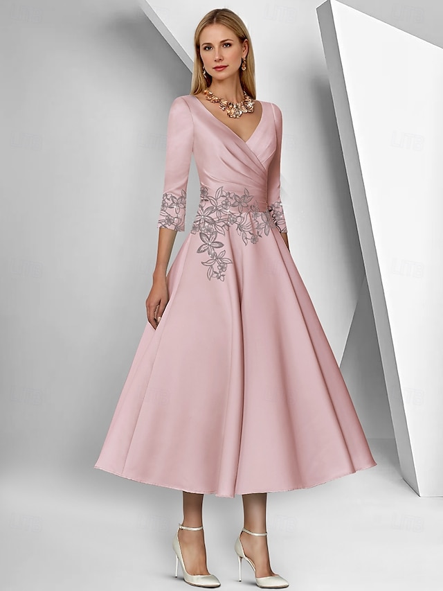  Vestido A-Line Mãe da Noiva Vestido Elegante Simples Gola V Comprimento do Tornozelo Comprimento do Chá Cetim Manga 3/4 com Renda Pregas Vestido de Corrida com Lantejoulas