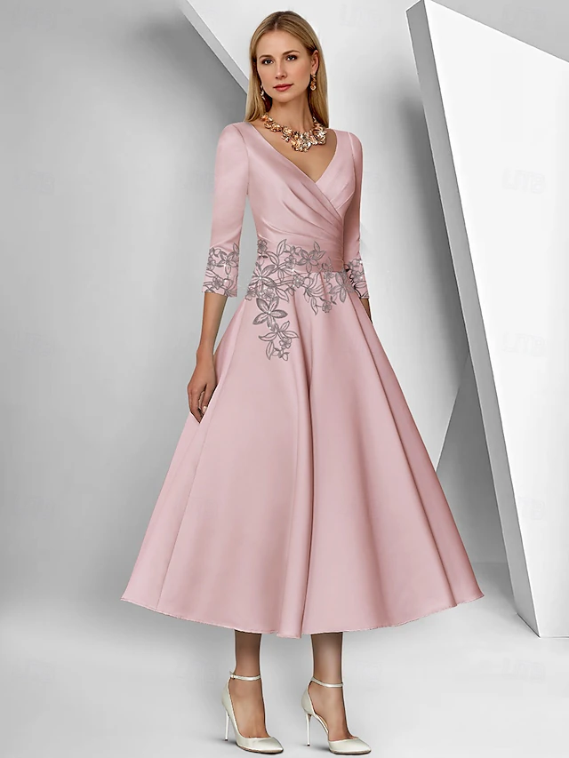 A-Line Dress Mother of the Bride Dress Elegant Simple V Neck Ankle Length Tea Length Satin 3/4 Length Sleeve with Lace Ruched Sequin Race Day Dress 6