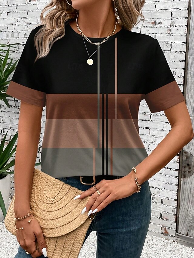 Women's T Shirt Striped Casual Short Sleeve Round Neck Regular Tops Daily Print Black Summer4