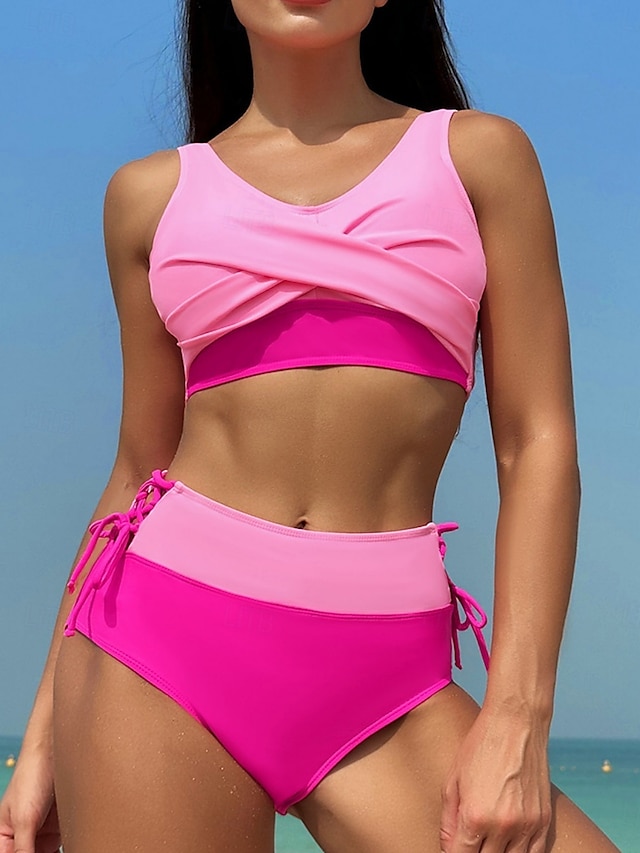  Dam Badkläder Bikini 2 st Kalsonger Baddräkt Öppen rygg Smal Hög midja Semester Standkläder Ensfärgat V-hals Ärmlös Baddräkter