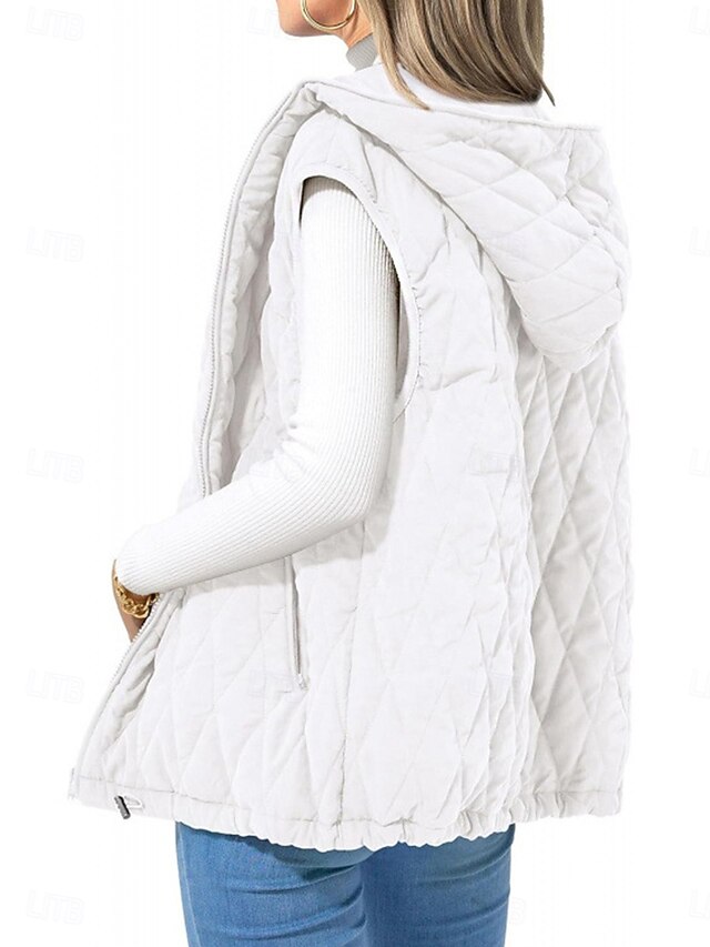 Women's Puffer Vest Quilted Vest Windproof Warm Patchwork Simple Solid Color Daily Regular Hooded Regular Fit Sleeveless Outerwear Black White Camel Fall Winter4