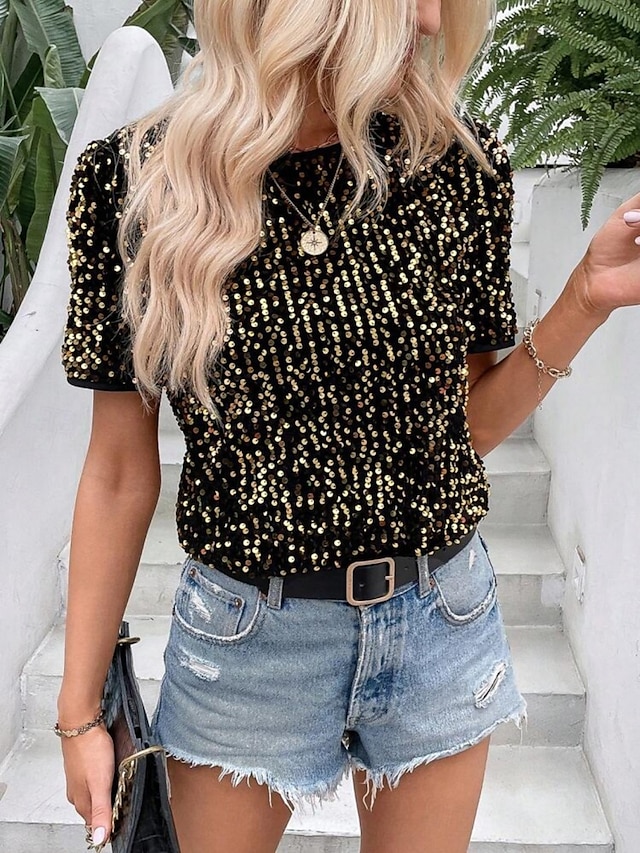  Dame Paljetter Glitrende Party Glimmer عادي Mote Moderne Fritid Kortermet Crew-hals Vanlige topper Daglig Helg Paljetter Svart Rosa Gull Sommer Vår