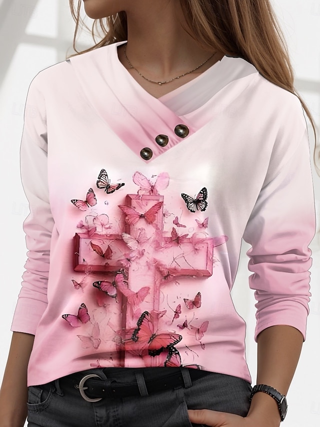  Valentijn Vrouwen Roos T-shirt Stijlvol Schattige Reguliere Tops Lange Mouwen V-hals Knopen Print Reguliere Pasvorm Dagelijks Geel Roze Marineblauw Blauw Paars Herfst Winter