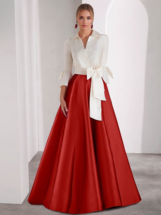  Rochie de Seară A-Line Elegantă Rochie Formală de Ziua Îndrăgostiților Lungime Pământ Mâneci 3/4 Guler de Cămașă Satin cu Fundițe Fisură