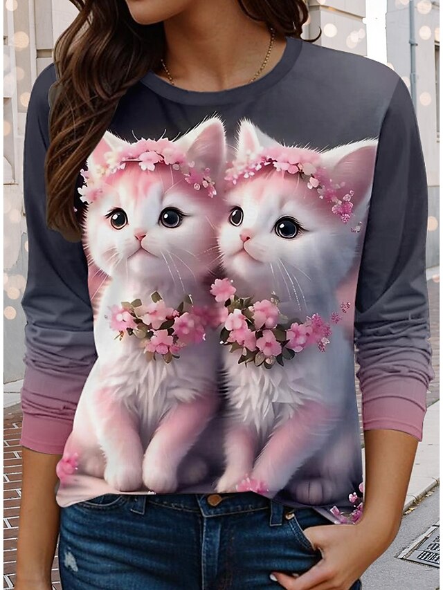 Valentine Women's Funny T Shirt Casual Floral Cat Regular Tops  Print Regular Fit Daily Pink Spring Fall4