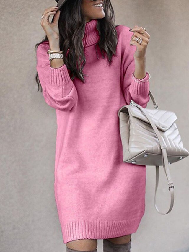 Women's Sweater Dress Casual Soft Pure Color Ribbed Turtleneck Knitted Long Sleeve Long Tops Knit Outdoor Daily Weekend Yellow Pink Fall Winter4