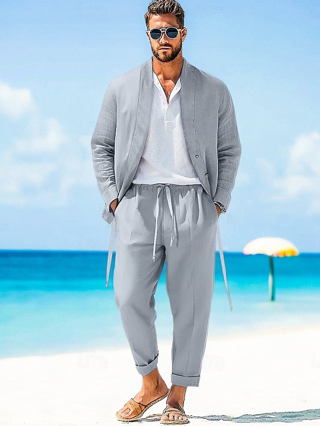  Herren 2 Stück Hemden-Set Passende Sets Lässiges Hemd Glatt Täglich Ausgehen Schwarz Hell Gray Armeegrün Dunkelgray Langarm ohne Kragen Frühling Sommer Bekleidung Elastischer Bund