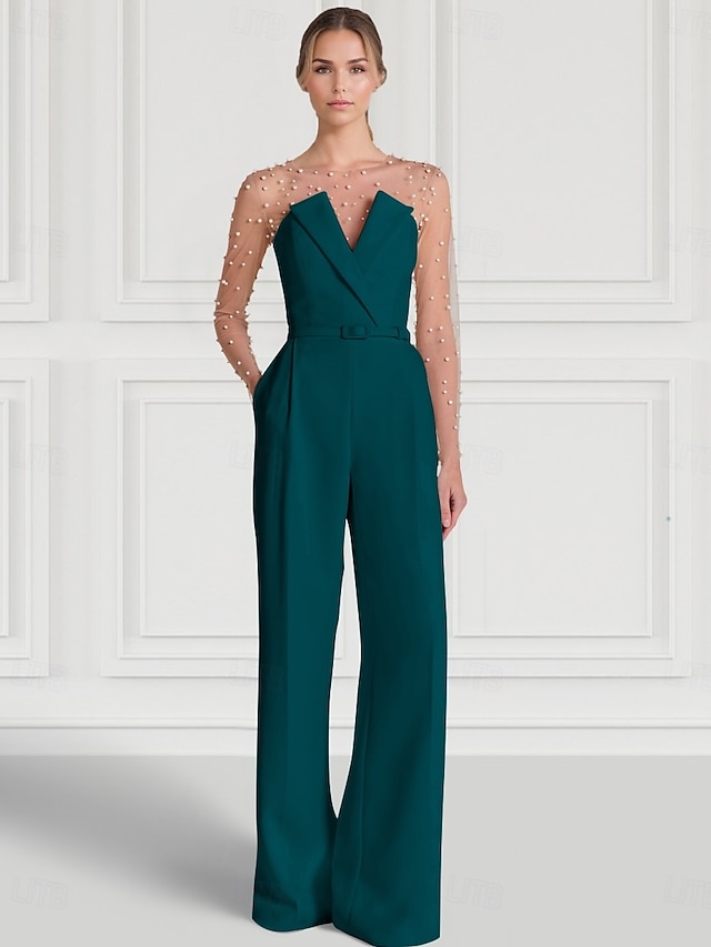  Tute Abito da Sera Elegante Abito Formale per Matrimonio Sotto il Ginocchio con Maniche Lunghe Scollo Illusione con Tasche Stretch Crepe con Perle