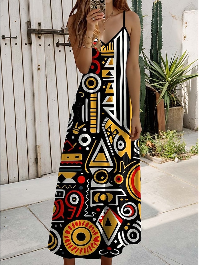  Damen Maxikleid Freizeitkleid Sommerkleid A-Linie Kleid Freizeit Fließend Urlaub Freizeit täglich Reguläre Passform Grafik Ärmellos V-Ausschnitt Schwarz Sommer Frühling Herbst