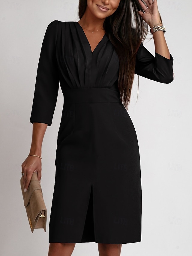  Damen Arbeitskleidung Etuikleid Elegant B¨¹ro Täglich Midikleid Rüschen Gespleisst V Ausschnitt Langarm Glatt Regular Fit Schwarz Weiß Khaki Herbst S M L XL 2XL
