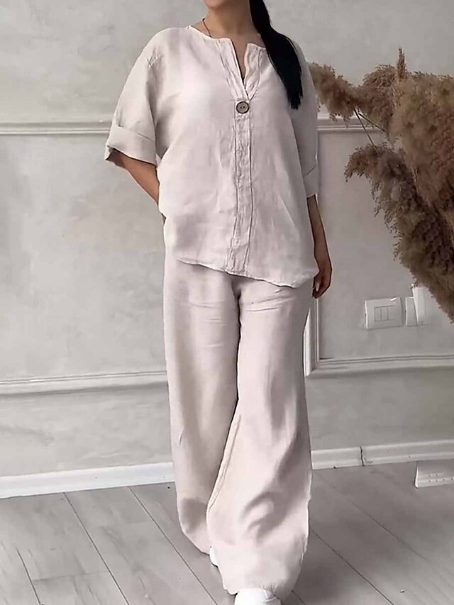 Women's Fashion Streetwear Daily Shirt Linen-Inspired Sets Two Piece Sets Wide Leg Pants 3/4 Length Sleeve Crew Neck Plain Casual Daily Black White Army Green Summer Regular Fit4