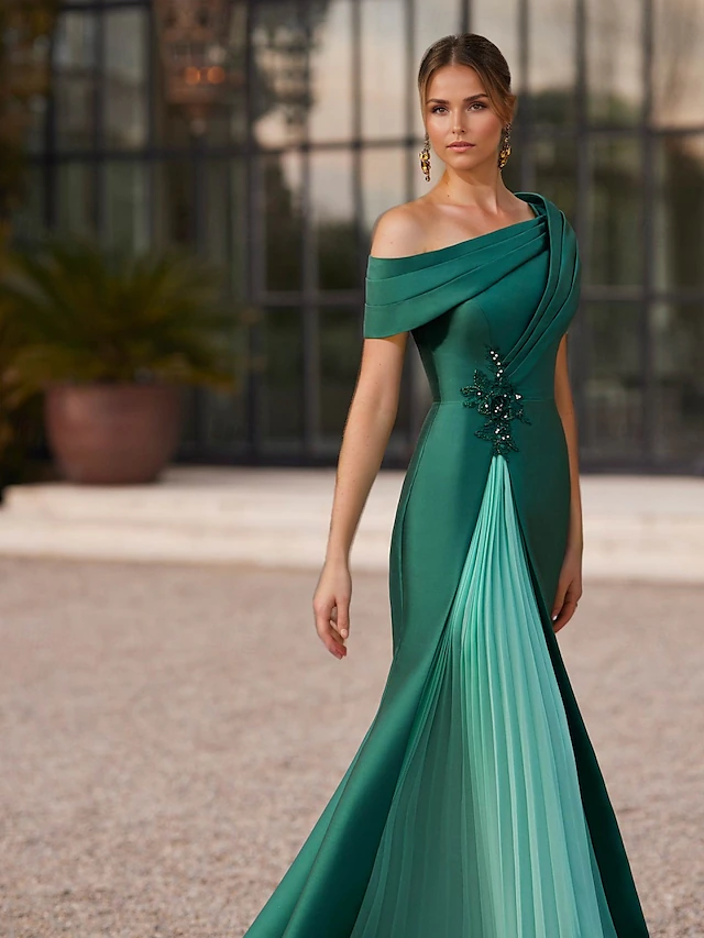 Mermaid / Trumpet Evening Gown Elegant Pleated Dress Formal Satin Wedding Floor Length Short Sleeve One Shoulder Slit Embroidery Appliques 14