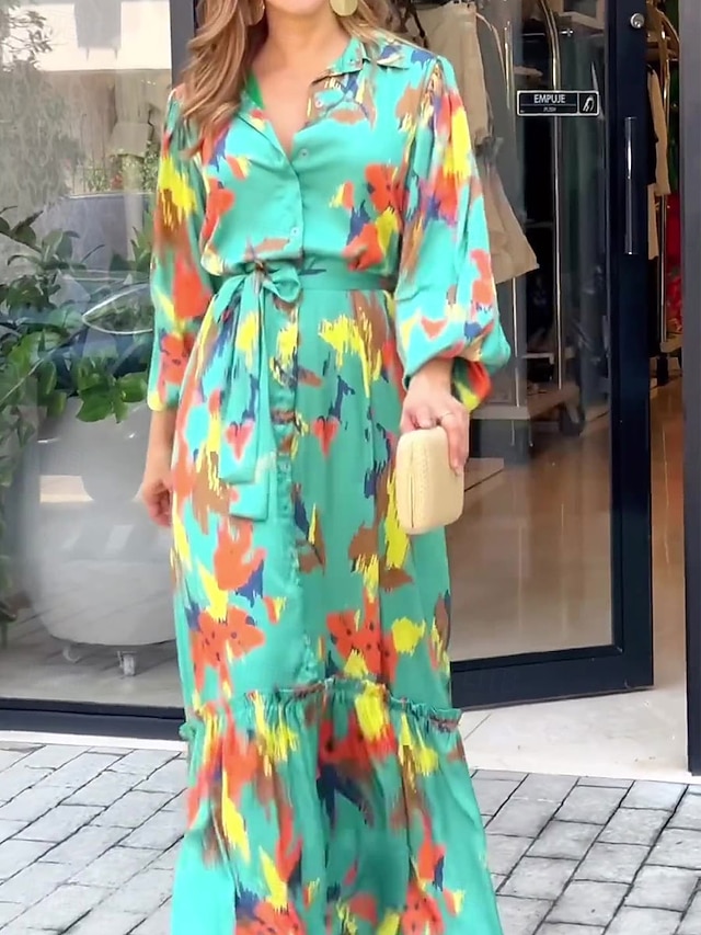  女性用 ミディドレス カジュアルドレス エレガント スタイリッシュ カジュアル バケーション パーティー 日常 ルーズフィット グラフィック 長袖 シャツカラー アクアブルー 秋 冬