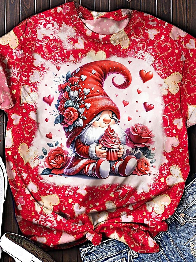  バレンタイン 女性用ハートTシャツ かわいい赤いTシャツ レギュラー トップス 短袖 ラウンドネック プリント レギュラーフィット デイリー レッド 夏