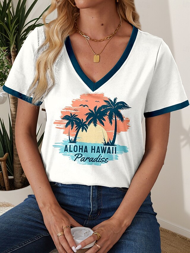 Women's T Shirt Letter Stylish Casual Short Sleeve V Neck Regular Tops Daily Print White Summer4