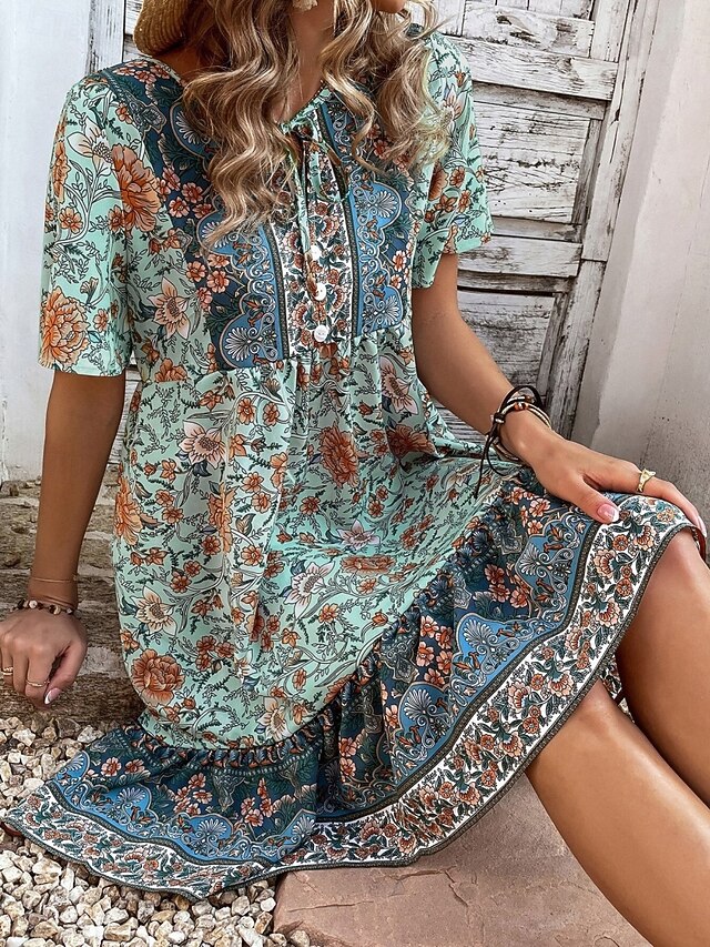  Damen Minikleid Casual kleid Boho Chic Kleider Boho-Kleid Böhmen Ethnisch Brautkleider schlicht Urlaub Täglich Strand Lockere Passform Blumen Kurzarm V Ausschnitt Rote Grün Sommer Frühling